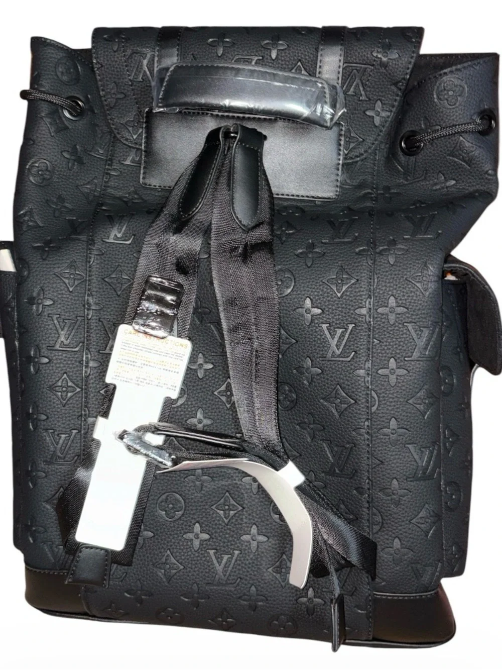 Designer Embossed Monogram Cowhide Leather Backpack - Black